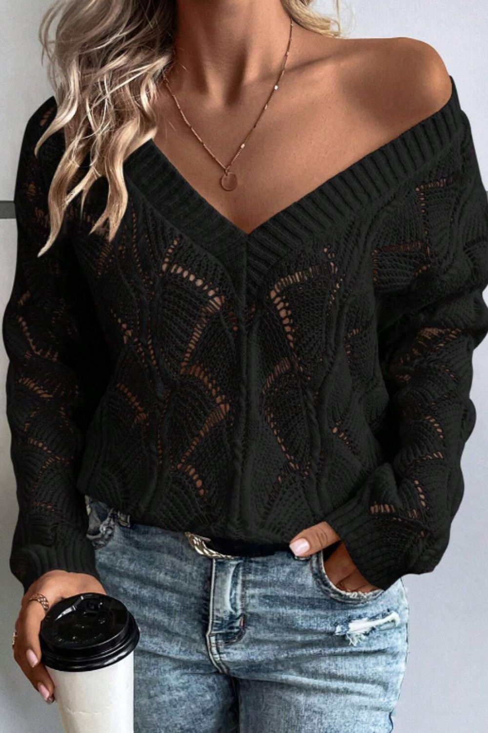 Openwork V-Neck Long Sleeve Sweater