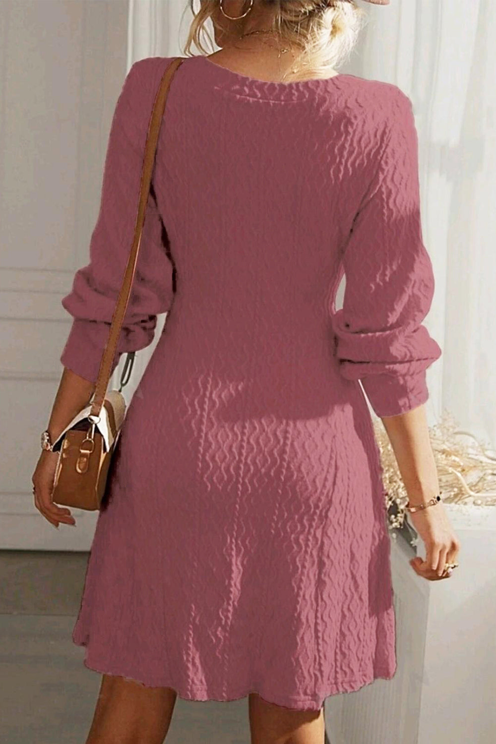 Texture V-Neck Long Sleeve Dress