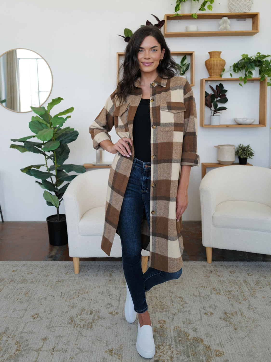 Plaid Collared Neck Long Sleeve Longline Jacket