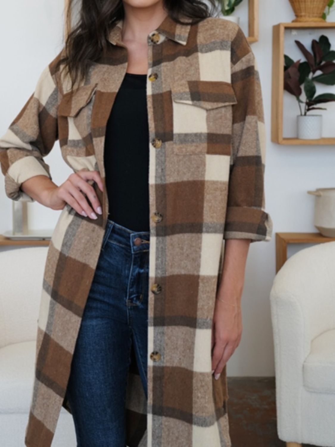 Plaid Collared Neck Long Sleeve Longline Jacket