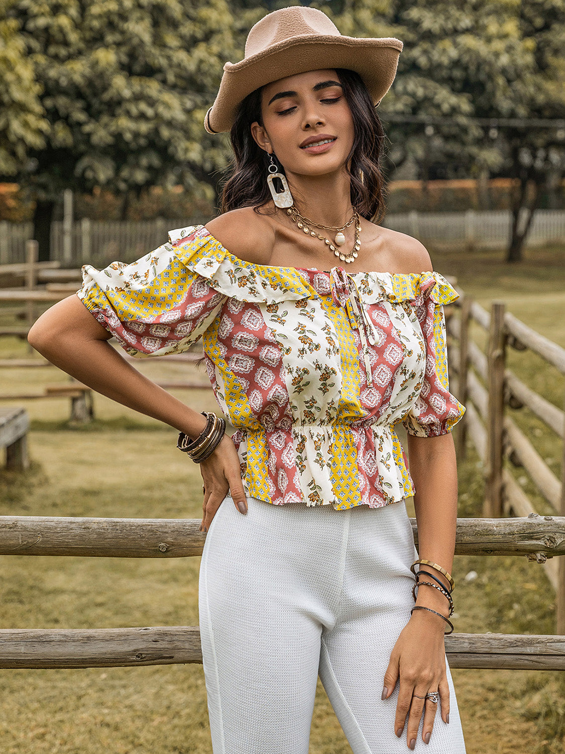 Ruffled Printed Off-Shoulder Short Sleeve Blouse