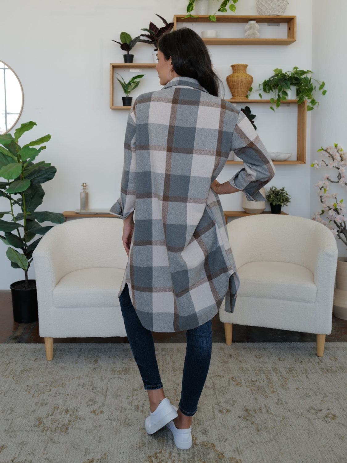 Plaid Collared Neck Long Sleeve Longline Jacket