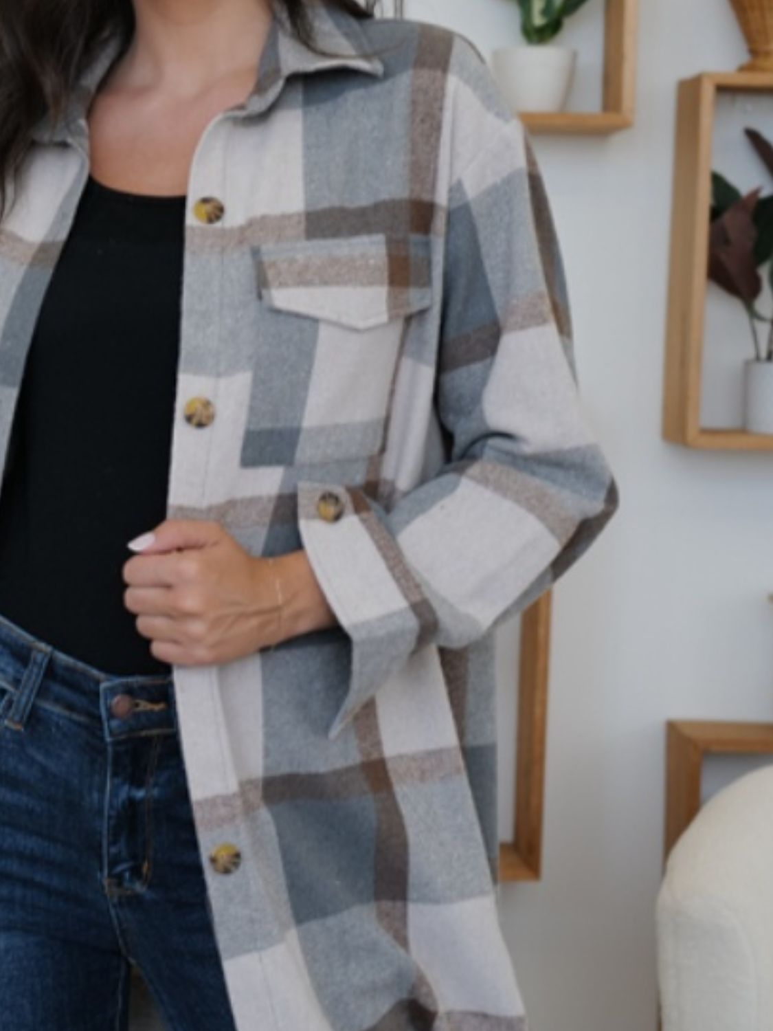 Plaid Collared Neck Long Sleeve Longline Jacket