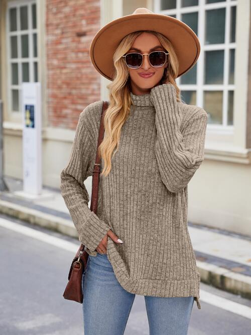 Ribbed Turtleneck Long Sleeve Slit Knit Top